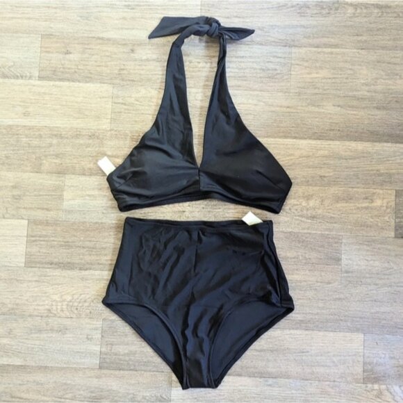 NWT Aerie Black Halter High Waisted Full Coverage Bottom Matching Bikini Set M - Picture 1 of 4